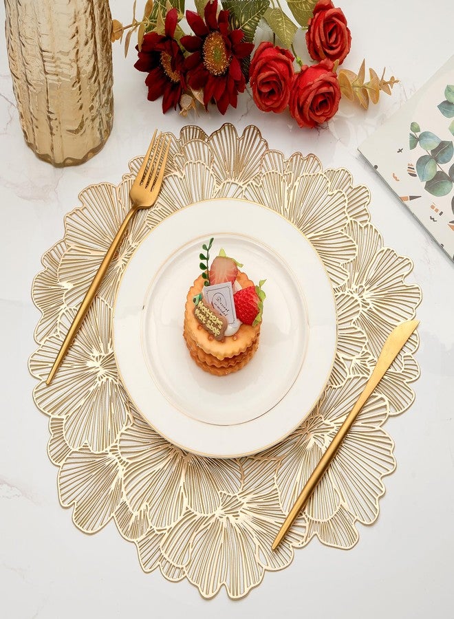 Mabbcoo Placemats Set of 6, Gold Placemats Perforated Pressed Flowers Vinyl Round Table Mats Washable for Dining Table Christmas Holiday Decorations - Image 2