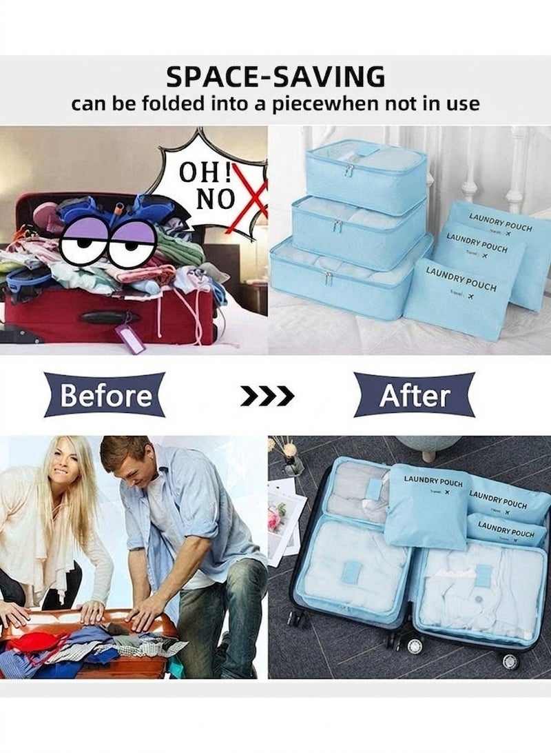 6 Pcs Travel Organizer Storage Bags Suitcase Packing Cubes Cases Portable Wardrobe Luggage Clothes Shoe Pouch Fold (Light Bue) - Image 4