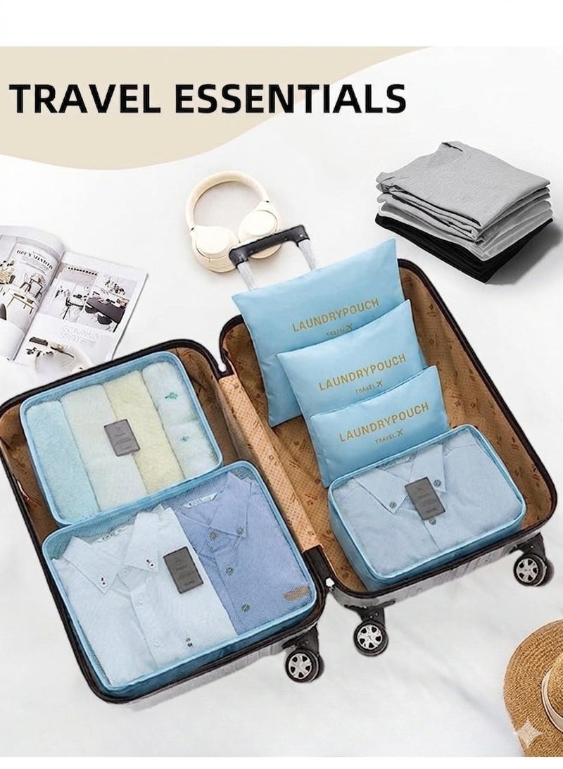6 Pcs Travel Organizer Storage Bags Suitcase Packing Cubes Cases Portable Wardrobe Luggage Clothes Shoe Pouch Fold (Light Bue) - Image 2