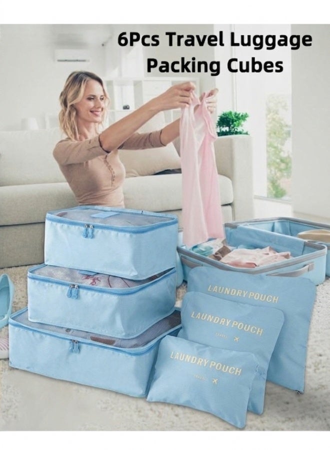 6 Pcs Travel Organizer Storage Bags Suitcase Packing Cubes Cases Portable Wardrobe Luggage Clothes Shoe Pouch Fold (Light Bue) - Image 1
