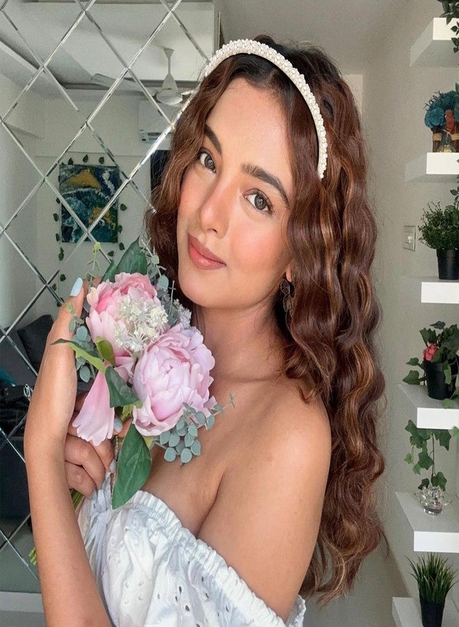 Hapdoo Small Pearl Headbands for Girls, Hapdoo 6.1inch White Beads Headband with Faux Pearl for Wedding, Non-adjustable Cute Fashion Beaded Bling Metal Based Hairbands for Birthday - Image 4