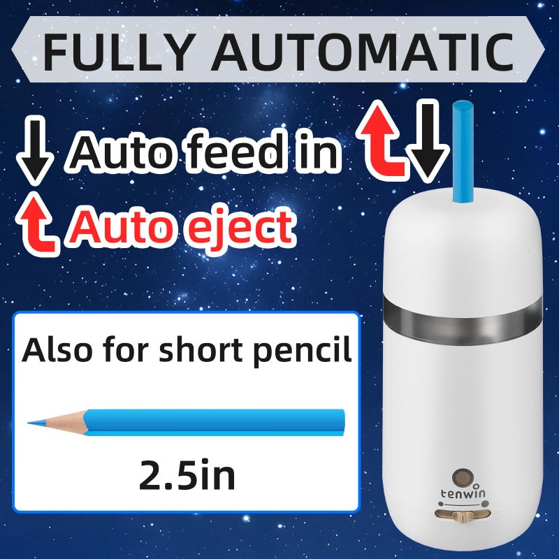 tenwin Fully Automatic Electric Pencil Sharpener for 7-12mm Pencils, Auto in&Eject, 3 Selectable Adjustable Pencil Nibs with Breathing Light (White) - Image 2