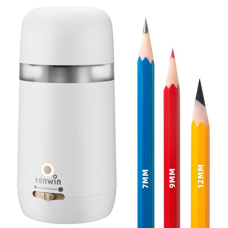 tenwin Fully Automatic Electric Pencil Sharpener for 7-12mm Pencils, Auto in&Eject, 3 Selectable Adjustable Pencil Nibs with Breathing Light (White) - Image 1