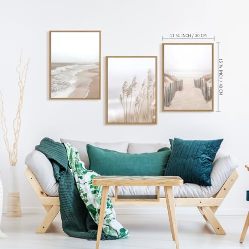 Zessonic Neutral Beach Pampas Grass Wall Art Boho Coastal Canvas Wall Decor, Ocean Shore Landscape Scene Nature Wilderness Prints Artwork for Living Room Bedroom Framed Ocean Theme, Set of 3, 12x16 Inch - Image 4