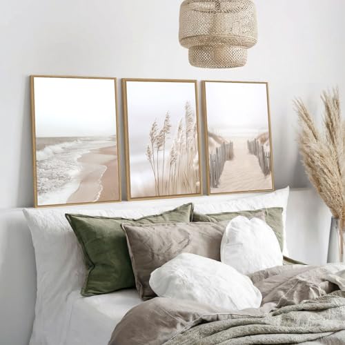 Zessonic Neutral Beach Pampas Grass Wall Art Boho Coastal Canvas Wall Decor, Ocean Shore Landscape Scene Nature Wilderness Prints Artwork for Living Room Bedroom Framed Ocean Theme, Set of 3, 12x16 Inch - Image 3