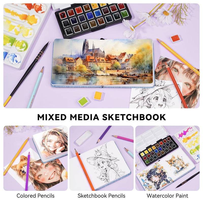 Lightwish Square Watercolor Journal,100% Cotton,300gsm/140lb,Acid-Free,24 Sheets Cold Press Watecolor Sketchbook for Artists Adults Students,4.7 * 4.7 Inches(Blue) - Image 3