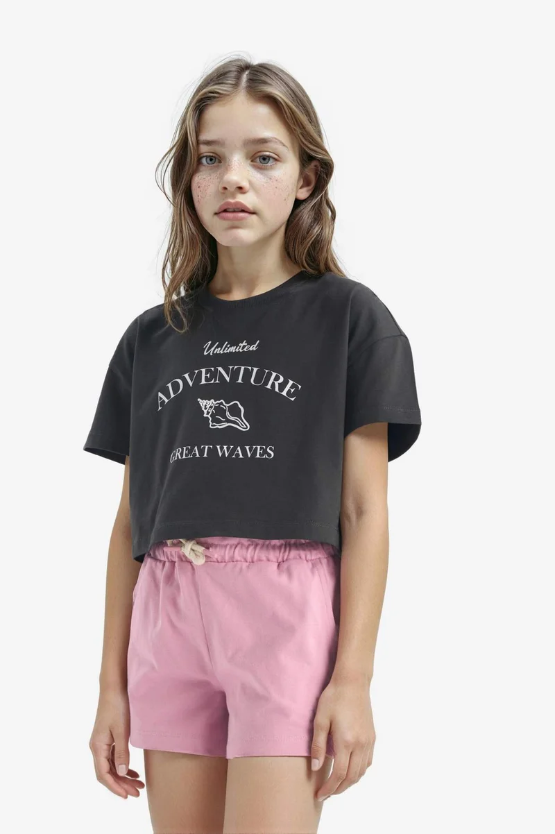 ديفاكتو Girl Full Crop Crew Neck Short Sleeve T-Shirt