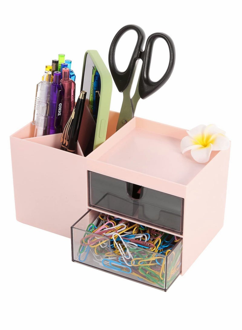 Excefore Desk Organizers, with 3 Compartments and 2 Drawer, Multi-Functional Pencil Cup， Pencil Holder for Desk ，Pen Organizer，Desktop Stationary Organizer，Office Organization and Storage (Pink)  - Image 2