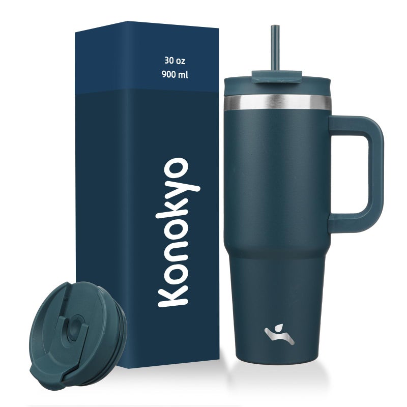 Konokyo 30 oz Tumbler with Handle and 2 Straws,2 in 1 Lid Insulated Water Bottle Stainless Steel Travel Coffee Mug,Navy blue - Image 1