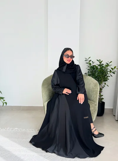 Lusin Abaya Abaya with Black Crepe Sleeves & Sides and Beading on Shoulder