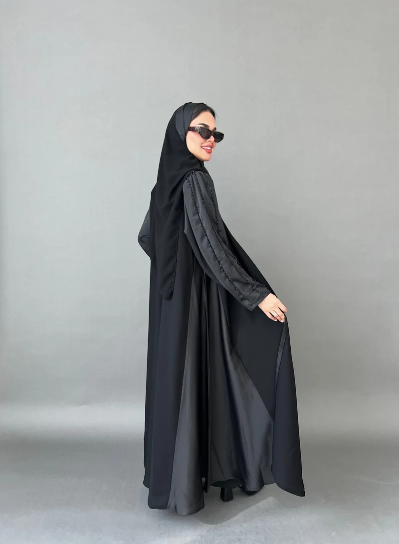 Lusin Abaya Abaya with Black Crepe Sleeves & Sides and Beading on Shoulder