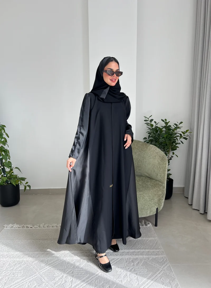 Lusin Abaya Abaya with Black Crepe Sleeves & Sides and Beading on Shoulder