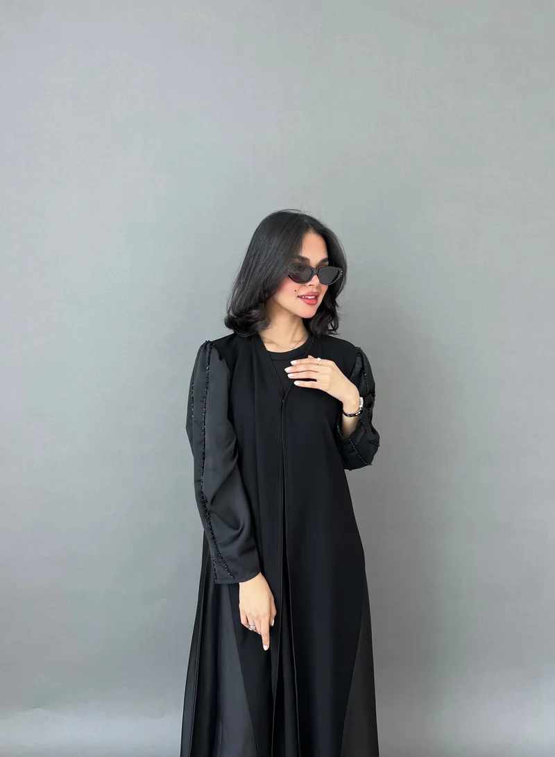 Lusin Abaya Abaya with Black Crepe Sleeves & Sides and Beading on Shoulder
