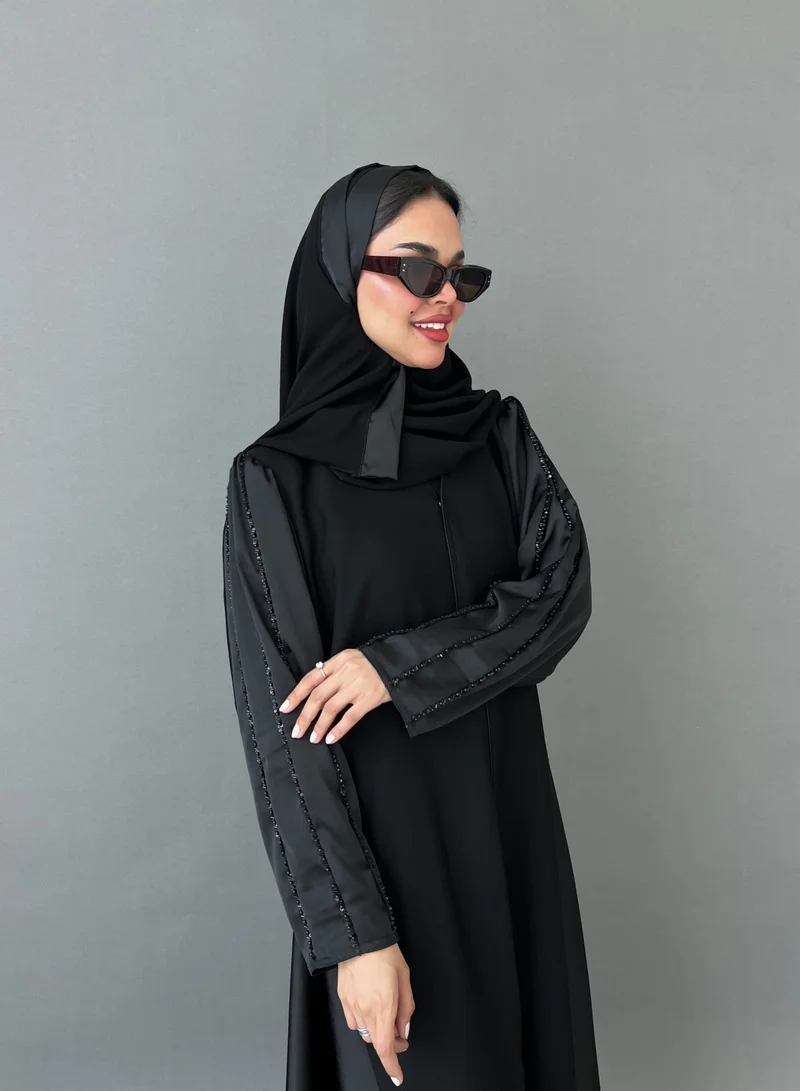 Lusin Abaya Abaya with Black Crepe Sleeves & Sides and Beading on Shoulder