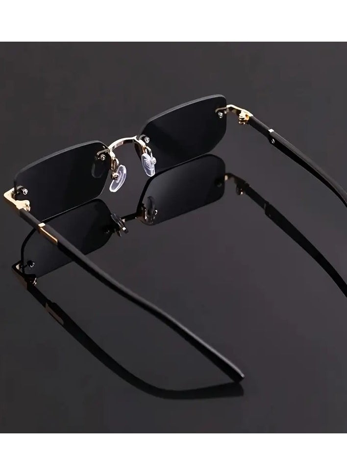Retro - Men's Premium Square Rimless Fashion Glasses with Golden Accents - Hip Hop Fashion, Retro Design, Mirror Lens for Outdoor & Party Wear - Image 1