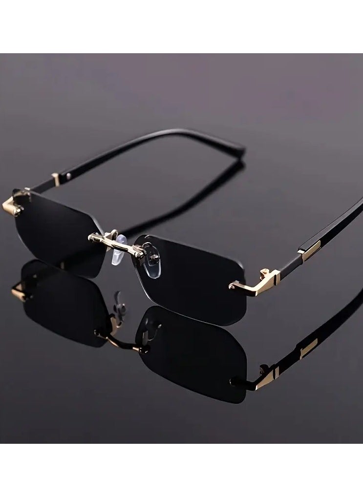 Retro - Men's Premium Square Rimless Fashion Glasses with Golden Accents - Hip Hop Fashion, Retro Design, Mirror Lens for Outdoor & Party Wear - Image 1