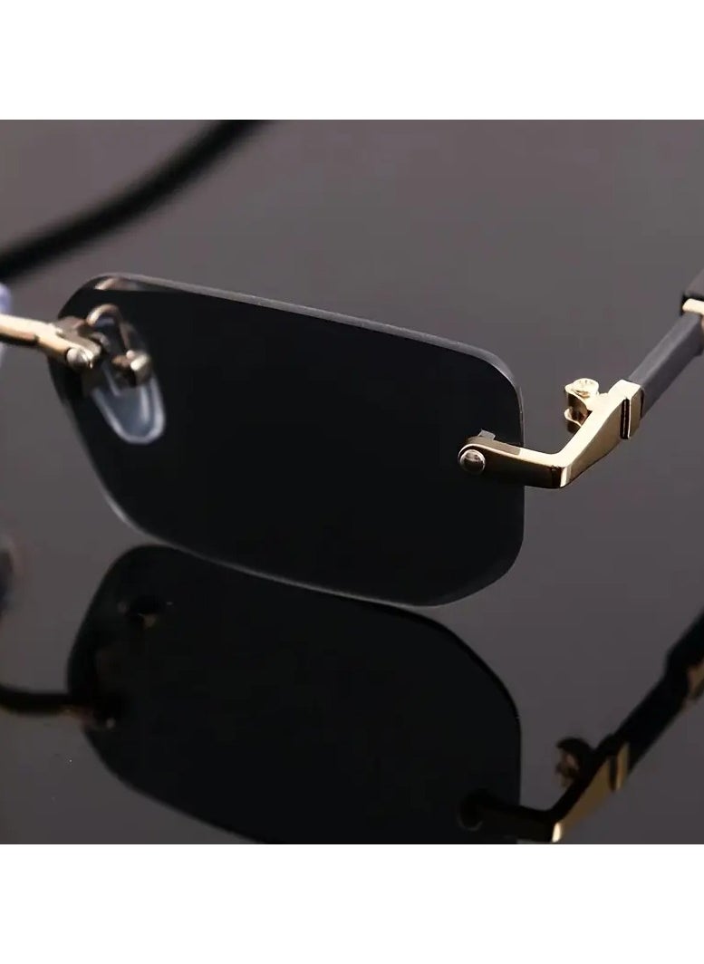 Retro - Men's Premium Square Rimless Fashion Glasses with Golden Accents - Hip Hop Fashion, Retro Design, Mirror Lens for Outdoor & Party Wear - Image 1