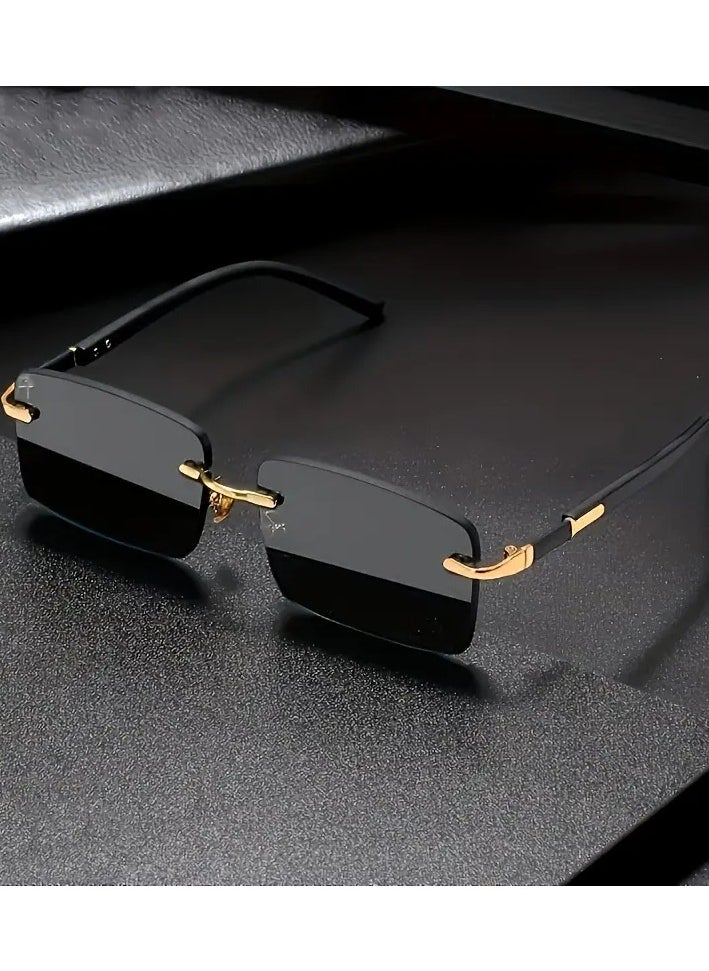 Retro - Men's Premium Square Rimless Fashion Glasses with Golden Accents - Hip Hop Fashion, Retro Design, Mirror Lens for Outdoor & Party Wear - Image 1