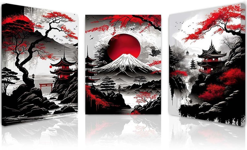 ARS Graphics ARS® Set of 3 Framed Canvas Wall Art – Japan Poster Style Artwork with Hooks, Waterproof Wall Decoration for Living Room, Modern Prints for Walls, Bedroom Pictures – 12x16 Inch - Image 1