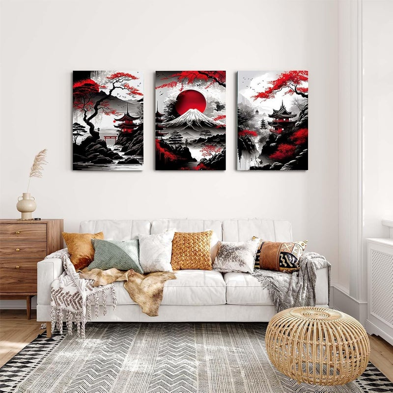 ARS Graphics ARS® Set of 3 Framed Canvas Wall Art – Japan Poster Style Artwork with Hooks, Waterproof Wall Decoration for Living Room, Modern Prints for Walls, Bedroom Pictures – 12x16 Inch - Image 3