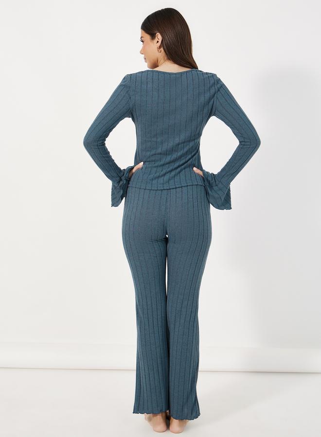 Styli Asymmetric Neck Rib Front Slit Top & Flared Pants Pyjama Set  - Image 4