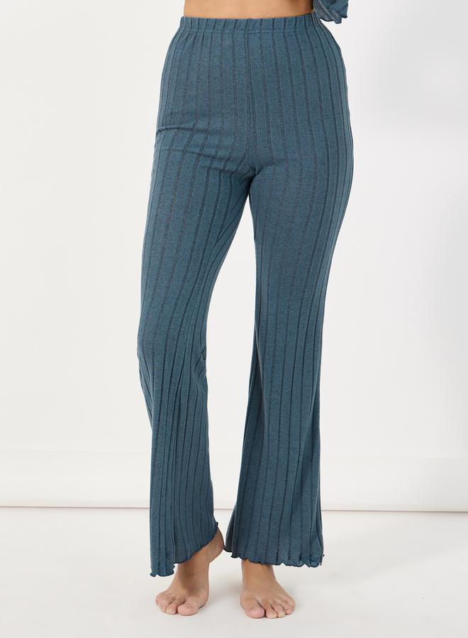 Styli Asymmetric Neck Rib Front Slit Top & Flared Pants Pyjama Set  - Image 5