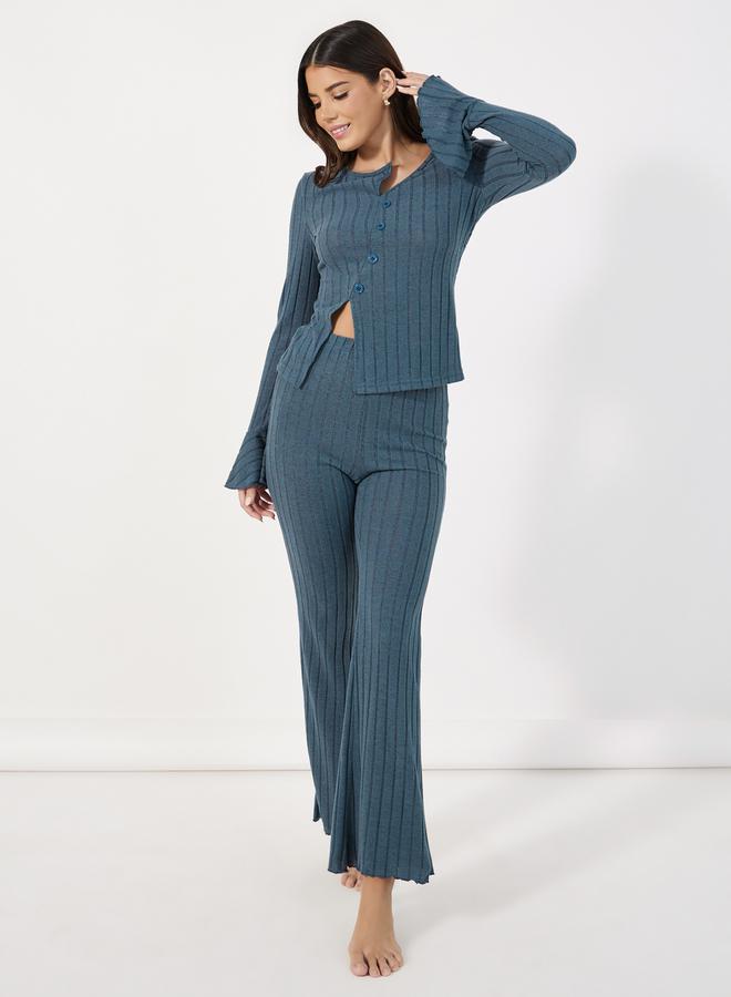 Styli Asymmetric Neck Rib Front Slit Top & Flared Pants Pyjama Set  - Image 1