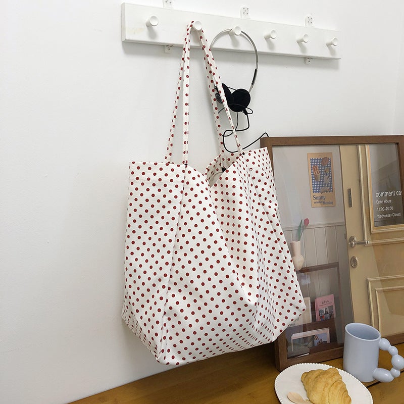 Retro Sweet Polka Dot Cloth Bag, Cute Girl'S Lazy Style Tote Bag, Lightweight Casual Cloth Bag For Class And Outing - Image 1