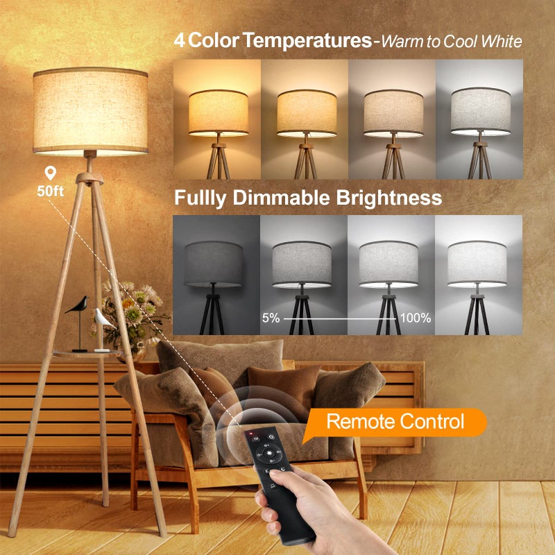 OUTON Wood Tripod Floor Lamp with Shelves, Mid Century Floor Lamp with Remote Control,4 Color Temperature, LED Modern Dimmable Standing Lamp with Beige Linen Shade for Living Room, Bedroom, Office - Image 2