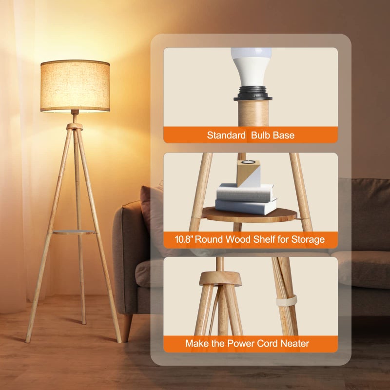 OUTON Wood Tripod Floor Lamp with Shelves, Mid Century Floor Lamp with Remote Control,4 Color Temperature, LED Modern Dimmable Standing Lamp with Beige Linen Shade for Living Room, Bedroom, Office - Image 3