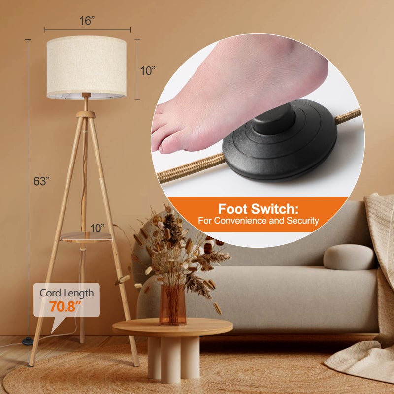 OUTON Wood Tripod Floor Lamp with Shelves, Mid Century Floor Lamp with Remote Control,4 Color Temperature, LED Modern Dimmable Standing Lamp with Beige Linen Shade for Living Room, Bedroom, Office - Image 4