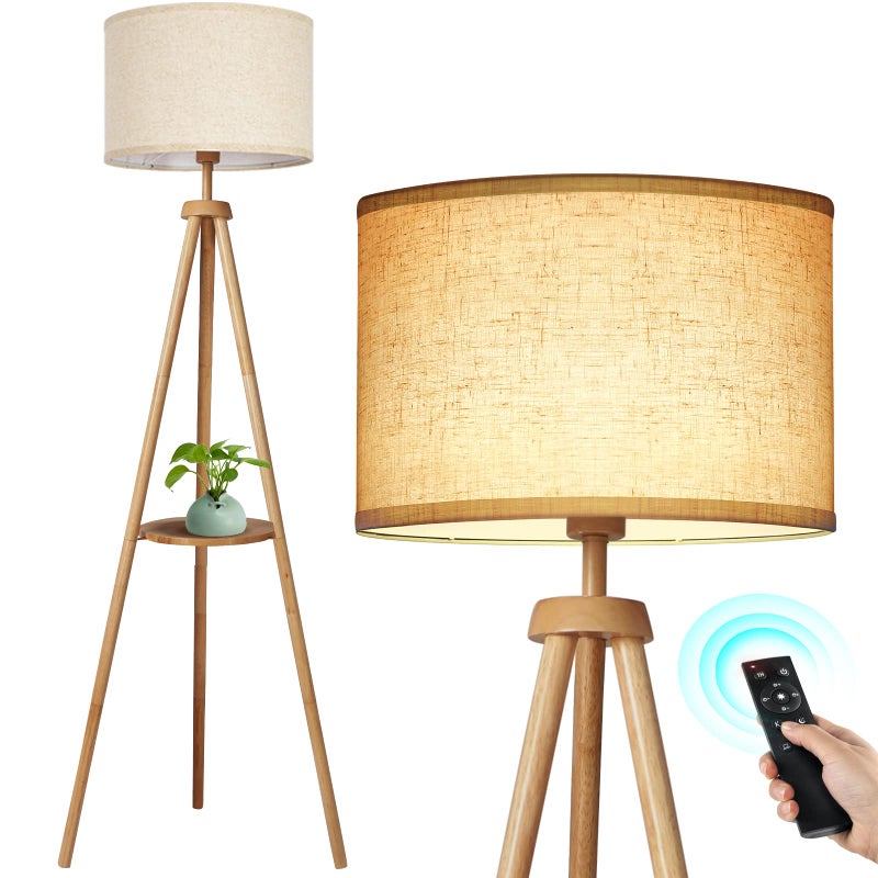OUTON Wood Tripod Floor Lamp with Shelves, Mid Century Floor Lamp with Remote Control,4 Color Temperature, LED Modern Dimmable Standing Lamp with Beige Linen Shade for Living Room, Bedroom, Office - Image 1