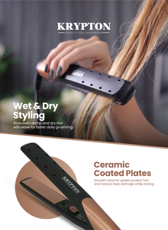 KRYPTON Ceramic Hair Straightener With Wet And Dry Styling Function Anti Static Ceramic Coated Plates Fast Heat Technology And Smooth Glide Performance For Silky Straight Frizz Free Hair | Hair Straightener Black and Copper 400grams - Image 3