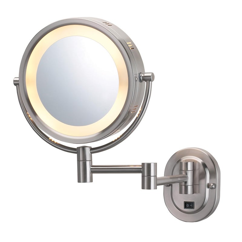 JERDON WallMounted Makeup Mirror with LED Lighting  Lighted Makeup Mirror with 5X Magnification  Nickel WallMount Arm  Direct Wire  Model HL65ND