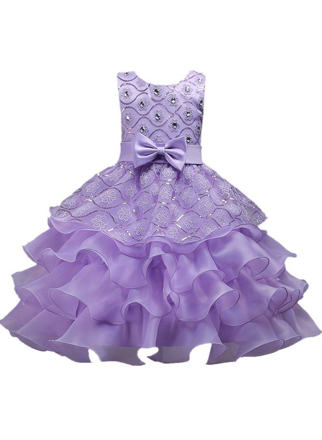 DreamHigh Wedding Flower Girl's Ruffles Lace Cute Bow Waist Evening Dress up Purple 9-10 Years - Image 1