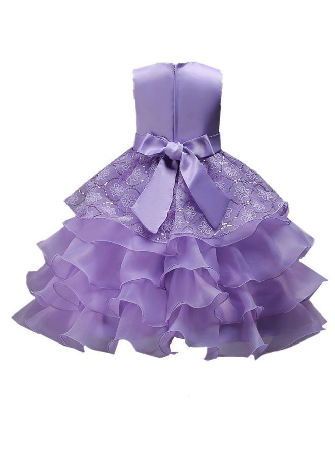 DreamHigh Wedding Flower Girl's Ruffles Lace Cute Bow Waist Evening Dress up Purple 9-10 Years - Image 4