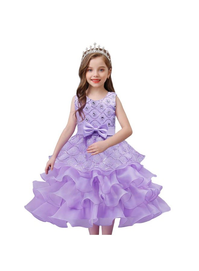 DreamHigh Wedding Flower Girl's Ruffles Lace Cute Bow Waist Evening Dress up Purple 9-10 Years - Image 2