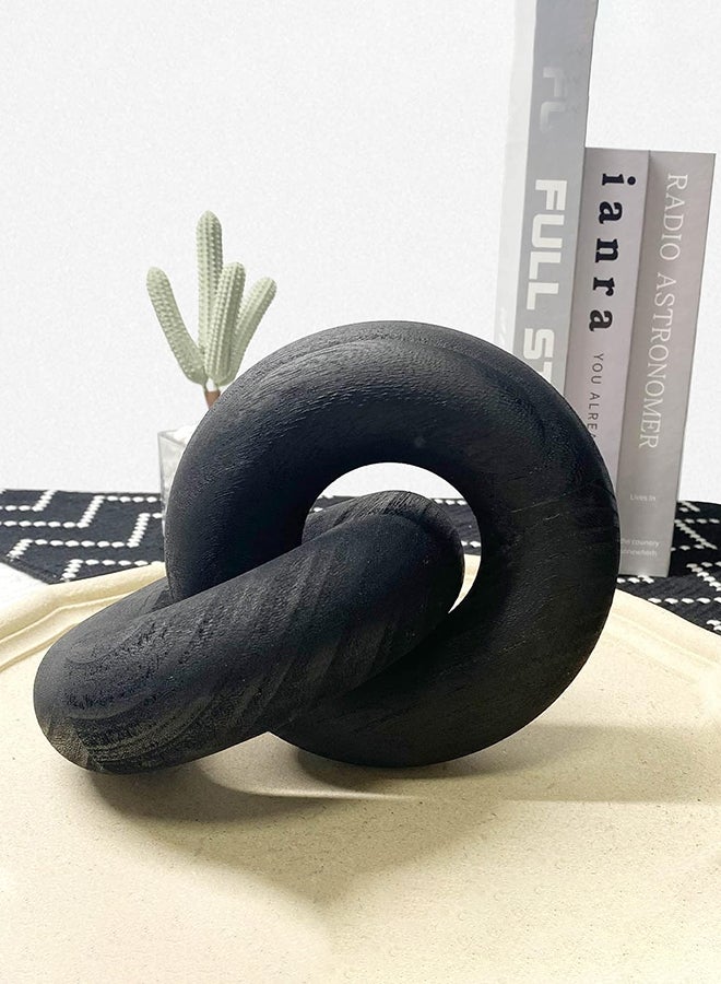 Hand Carved Wooden Chain Link Decor 2 Link Round Coffee Table Wood Knot Boho Farmhouse Home Decorations For Living Room Bedroom Shelf Dining Table Premium Pine Wood (Black)