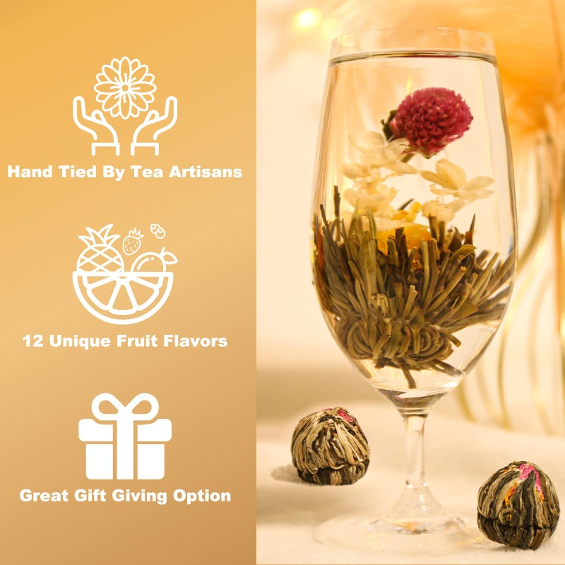 FullChea - Blooming Flowering Tea, 12 Unique Varieties - Flowering Tea in 12 Delicious Fruit Flavors - Gift For Tealovers, Christmas, Anniversary, Valentine, Birthday - Image 3