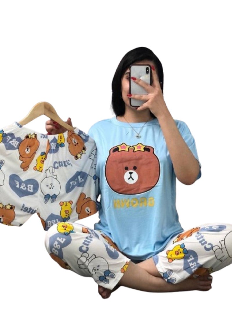 Generic Pajama Set with Cartoon Print Maxi Pants Hot Shorts and for Women  - Image 1