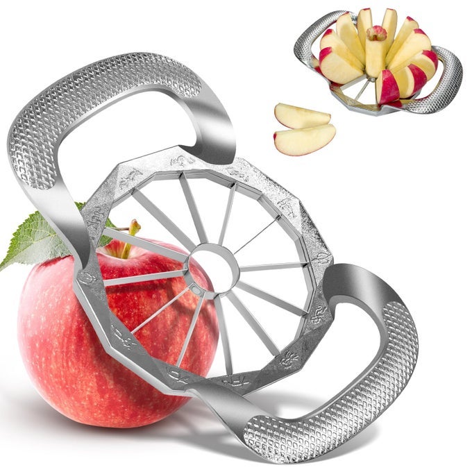 APPLE SLICER ALLMETAL CONSTRUCTION APPLE SLICER AND CORER WITH 12 STAINLESS STEEL BLADES LARGE APPLE CUTTER FOR UP TO 4 IN APPLES WITH COMFORTABLE WIDER NONSLIP HANDLE FOR FUJI AND GALA