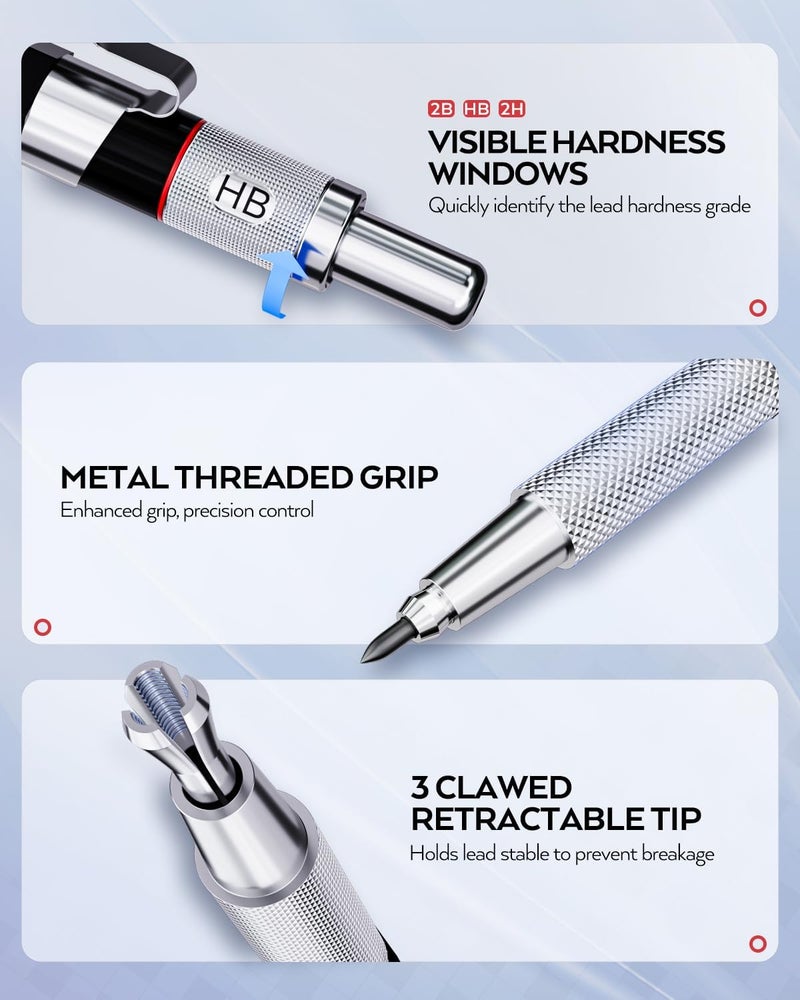 Nicpro مجموعة أقلام ميكانيكية فنية 6 قطع، 3 قطع أقلام رسم معدنية 0.5 مم و 0.7 مم و 0.9 مم و 3 قطع حامل رصاص 2 مم (2B HB 2H) للكتابة والرسم والتخطيط مع علبة إعادة تعبئة الرصاص - Image 2
