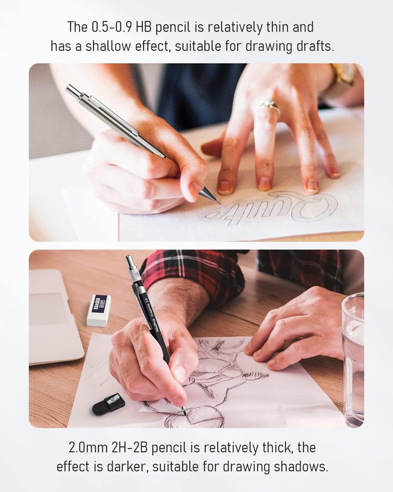 Nicpro مجموعة أقلام ميكانيكية فنية 6 قطع، 3 قطع أقلام رسم معدنية 0.5 مم و 0.7 مم و 0.9 مم و 3 قطع حامل رصاص 2 مم (2B HB 2H) للكتابة والرسم والتخطيط مع علبة إعادة تعبئة الرصاص - Image 4