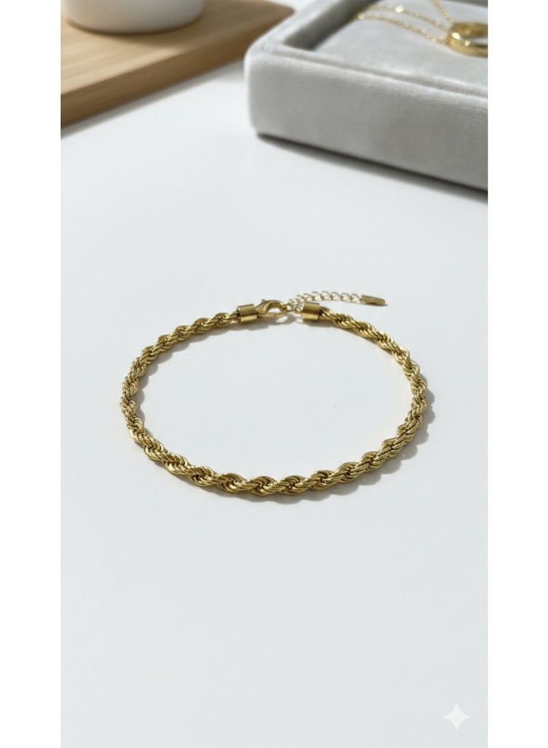 High-Quality Gold Tone Stainless Steel Classic Rope Bangle with Secure Clasp - Image 2