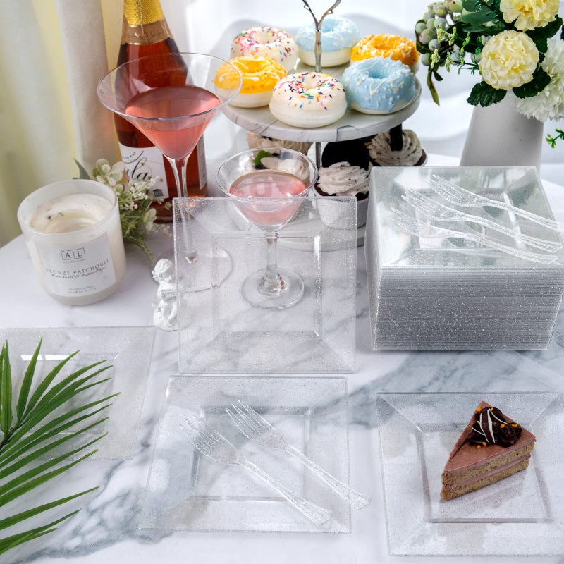DaYammi 100 Pcs Plastic Dessert Plates 6"" with 100 Pcs Plastic Forks 5.7""- Silver Glitter Disposable Square Plate Fancy Salad Plate Appetizer Plates and Silver Forks Combo Bulk Set for Wedding Party - Image 2