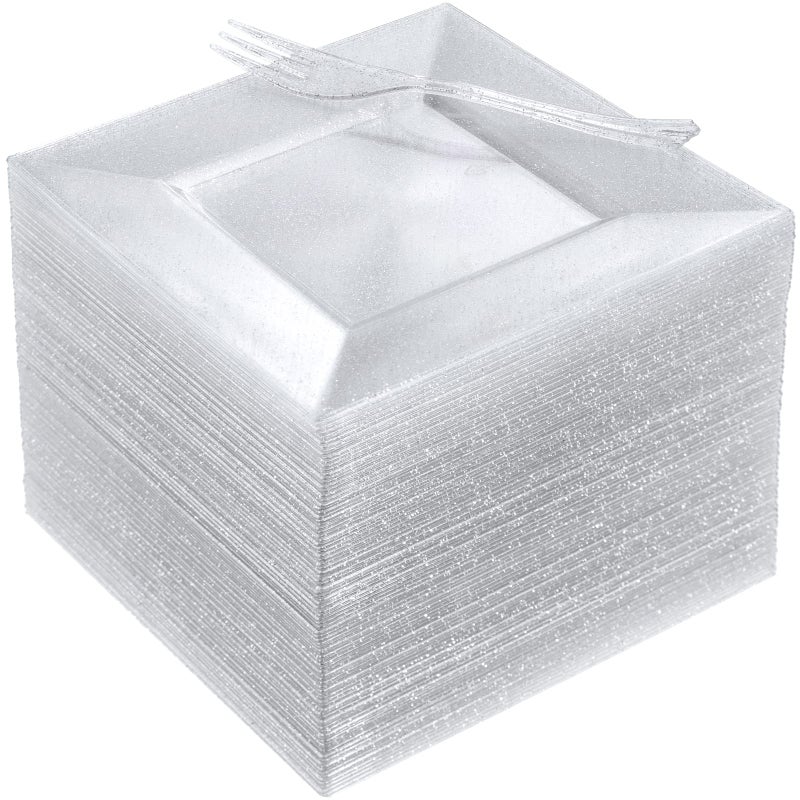 DaYammi 100 Pcs Plastic Dessert Plates 6"" with 100 Pcs Plastic Forks 5.7""- Silver Glitter Disposable Square Plate Fancy Salad Plate Appetizer Plates and Silver Forks Combo Bulk Set for Wedding Party - Image 1