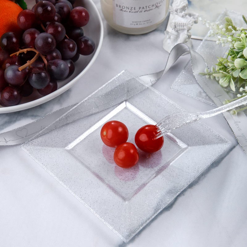DaYammi 100 Pcs Plastic Dessert Plates 6"" with 100 Pcs Plastic Forks 5.7""- Silver Glitter Disposable Square Plate Fancy Salad Plate Appetizer Plates and Silver Forks Combo Bulk Set for Wedding Party - Image 3
