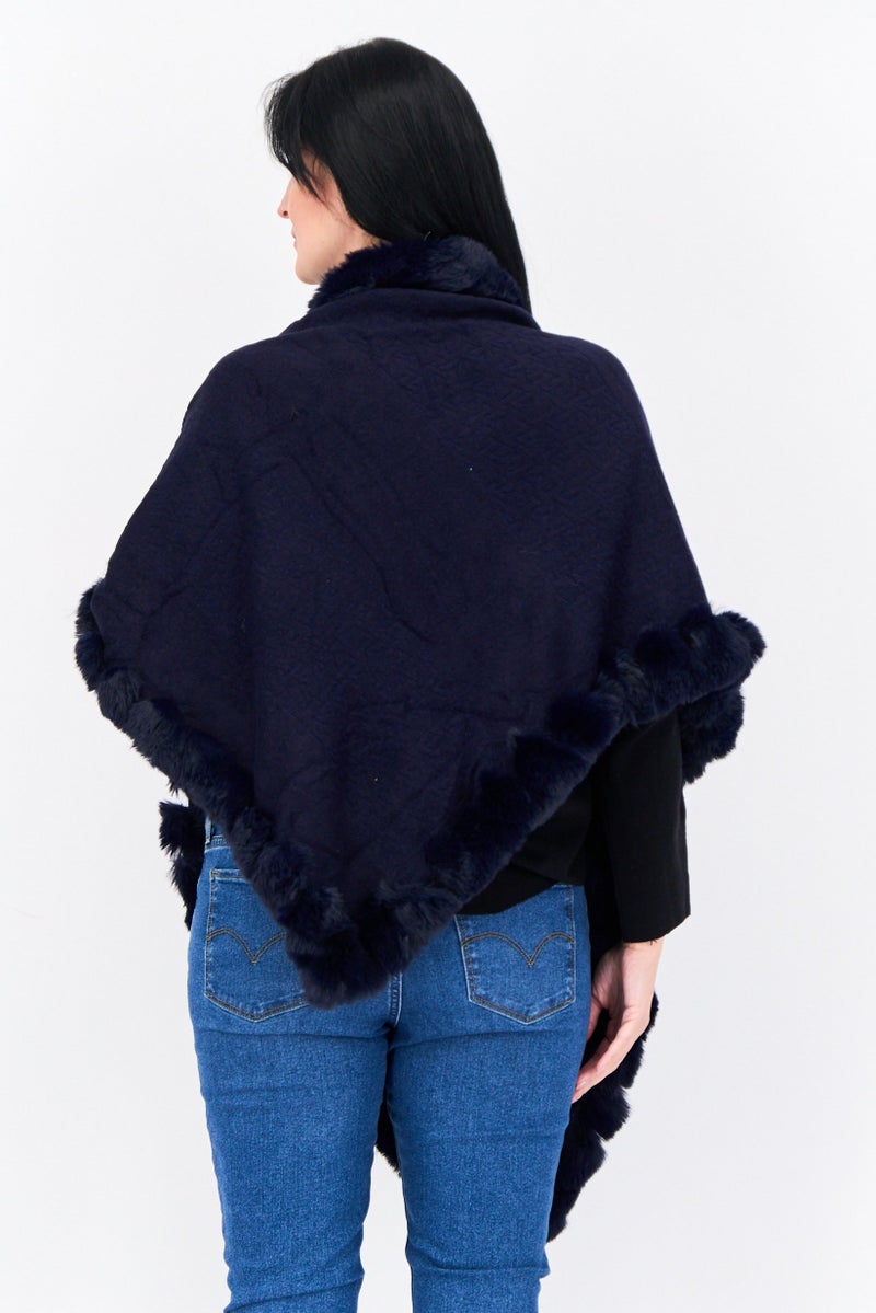 ADRIENNE VITTADINI Women Faux Fur Plain Poncho, Navy  - Image 3