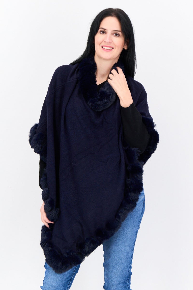 ADRIENNE VITTADINI Women Faux Fur Plain Poncho, Navy  - Image 1