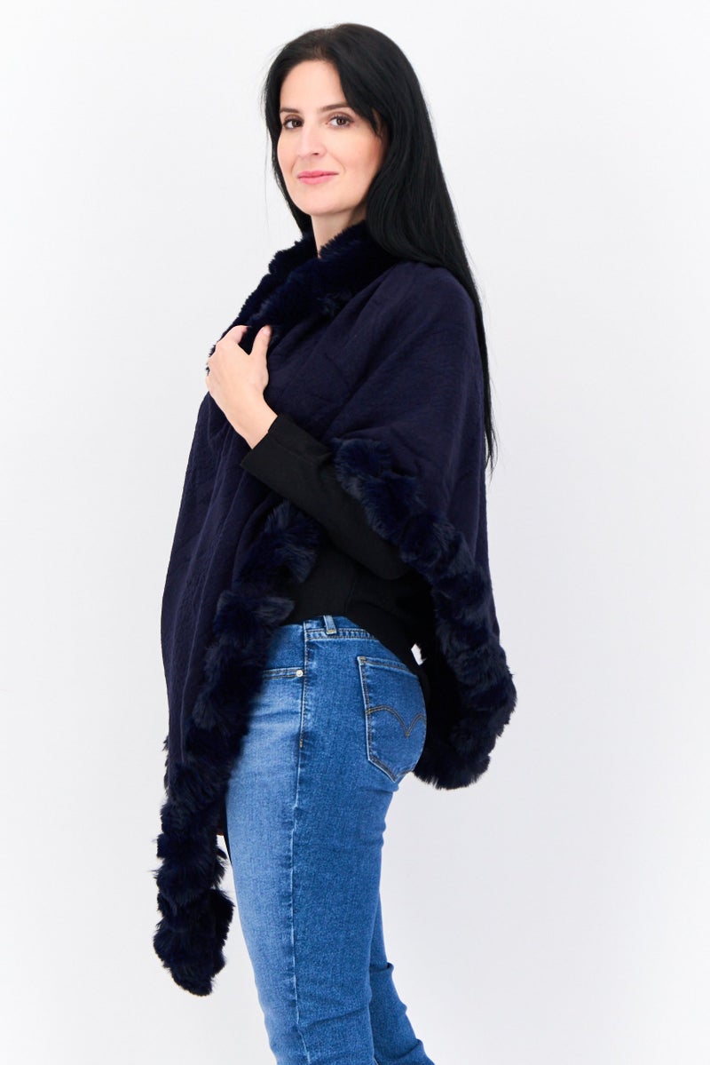 ADRIENNE VITTADINI Women Faux Fur Plain Poncho, Navy  - Image 2